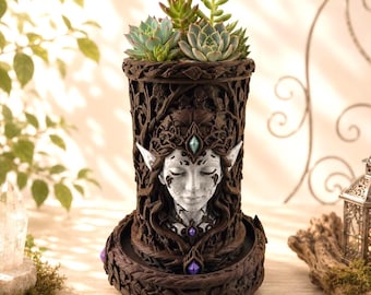 Maceta para suculentas Reina del Bosque Élfico, maceta de fantasía con bandeja de drenaje, decoración para rincón de lectura, maceta para plantas de interior, regalo para lectores.