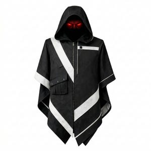 May include: Black hooded poncho with white diagonal stripes and a front zipper. The poncho has a small pocket on the left side and a white stripe on the right shoulder. The hood conceals glowing red eyes.