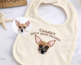 Slabbetjes pasgeboren huisdierportret - aangepaste geborduurde hondenfoto babyslabbetje - babycadeau van tante