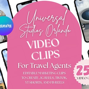 May include: A promotional image featuring several smartphones displaying video clips from Universal Studios Orlando. A pink arch displays the text "Universal Studios Orlando VIDEO CLIPS For Travel Agents". The image also includes the Canva logo and a "25+ VIDEO CLIPS" badge.