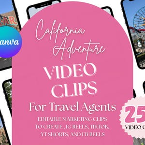 Könnte beinhalten: Eine rosa Grafik, die California Adventure-Videoclips für Reisebüros bewirbt. Der Text enthält "VIDEO CLIPS", "For Travel Agents" und "25+ VIDEO CLIPS". Das Bild zeigt auch das Canva-Logo und Smartphone-Bildschirme.