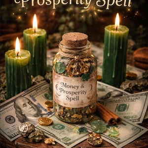 May include: An image featuring a jar labeled "Money & Prosperity Spell" with a cork lid, surrounded by burning green candles, US dollar bills, gold coins, and crystals. The text "May your pockets be heavy & your worries light" is also present.