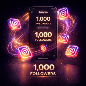 May include: Digital illustration of a smartphone displaying the Instagram app with the text "1,000 Followers." Floating Instagram logo icons and glowing light trails surround the phone. The background is dark with purple and orange hues.