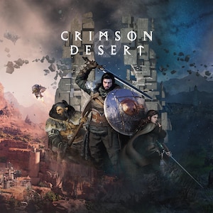 May include: Digital artwork for the video game "Crimson Desert." The image shows a central figure with a sword and shield, flanked by two other characters. The background is split, with a red desert landscape on the left and a dark, fortress-filled scene on the right.