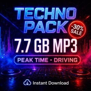 May include: A digital advertisement for a "Techno Pack" featuring a neon blue and purple design. The image includes the text "7.7 GB MP3" and "Peak Time • Driving." A red circle indicates a 30% sale. The bottom of the image says "Instant Download."