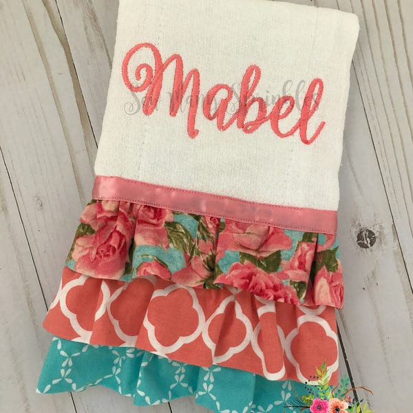 Ruffled burp cloths, monogrammed burp cloths, personalized burp cloths, embroidered burp cloths, baby girl burp cloths, girly burp cloths