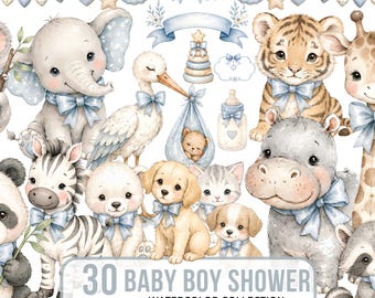 Boy Baby Shower Clipart, Watercolor Animals, Blue Nursery Decor (Digital Download)