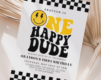 Retro One Happy Dude 1st Birthday Invitation Template (Digital)