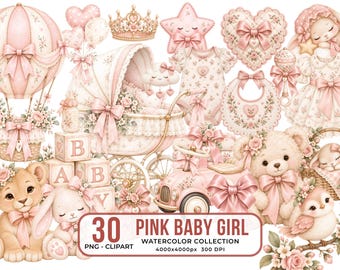 Girl Baby Shower Clipart Watercolor PNG Bundle, Pink Nursery Graphics, (Digital Download)