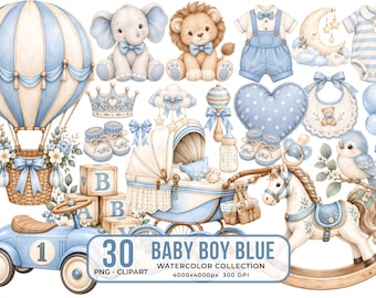 Boy Baby Shower Clipart Watercolor PNG Bundle, Blue Nursery Graphics, (Digital Download)