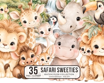 Safari Clipart | African Jungle Watercolour | Wild Baby Shower | Children's Clipart | 35 PNG