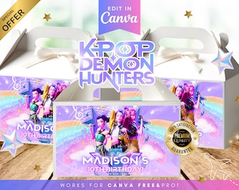 Kpop Demon Hunter Girl Birthday Gable Box Label, Editable Party Decor (Digital Download)