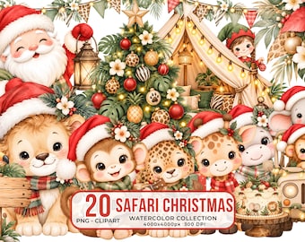 Christmas Safari Watercolor Clipart, African Animals, Jungle Holiday (Digital Download)