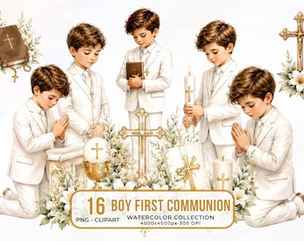 Boy First Communion Watercolor Clipart Bundle, Catholic Religious Elements (Digital Download)