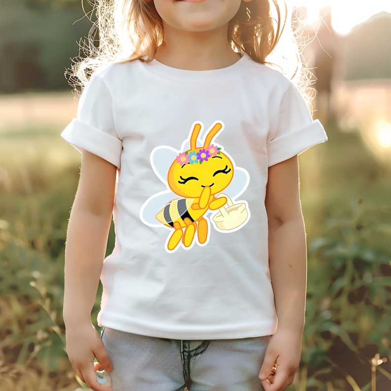 K&ouml;nnte beinhalten: Wei&szlig;es T-Shirt mit einem Cartoon-Bienen-Design. Die Biene ist gelb, schwarz und wei&szlig;, tr&auml;gt einen Blumenkranz und einen Korb. Das T-Shirt wird von einem Kind getragen.