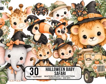 Halloween Baby Safari Watercolor Clipart Bundle (30 PNGs)