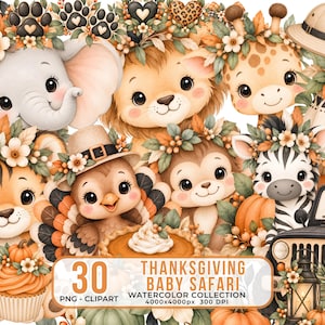 May include: A collection of watercolour illustrations featuring a baby elephant, lion, giraffe, tiger, monkey, zebra, and turkey wearing a pilgrim hat, surrounded by autumn leaves, flowers, pumpkins, a cupcake, and a safari vehicle with text.