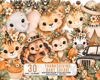 Thanksgiving Baby Safari Watercolor Clipart Bundle (30 PNGs)