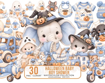 Halloween Baby Boy Shower Watercolor Clipart Bundle (30 PNGs)