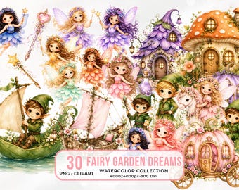 Watercolor Fairy Clipart Enchanted Garden PNG Magical Forest Birthday Party Bundle