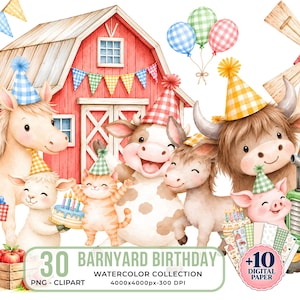 Farm Birthday Clipart Bundle, Barnyard Animals, Watercolor PNGs (Digital Download)