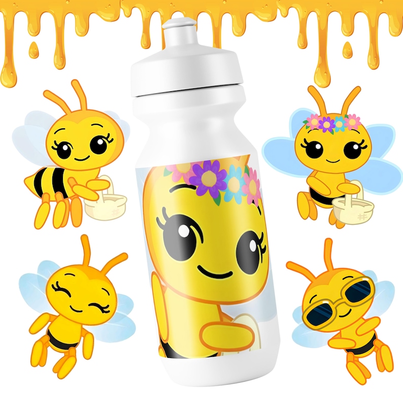 K&ouml;nnte beinhalten: Wei&szlig;e Wasserflasche mit einem Cartoon-Bienen-Design, einem Blumenkranz und einer Sonnenbrille. Cartoon-Bienen mit K&ouml;rben und Fl&uuml;geln umgeben die Flasche. Gelber Honig tropft von der Oberseite des Bildes.