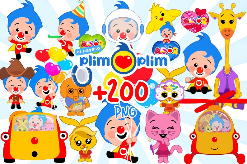 May include: A collection of colorful cartoon characters, including a clown, a giraffe, a cat, and a bunny. The image includes the text "+200 PNG" and the logo "Plim Plim". The characters are in various poses, some holding balloons and wearing costumes.