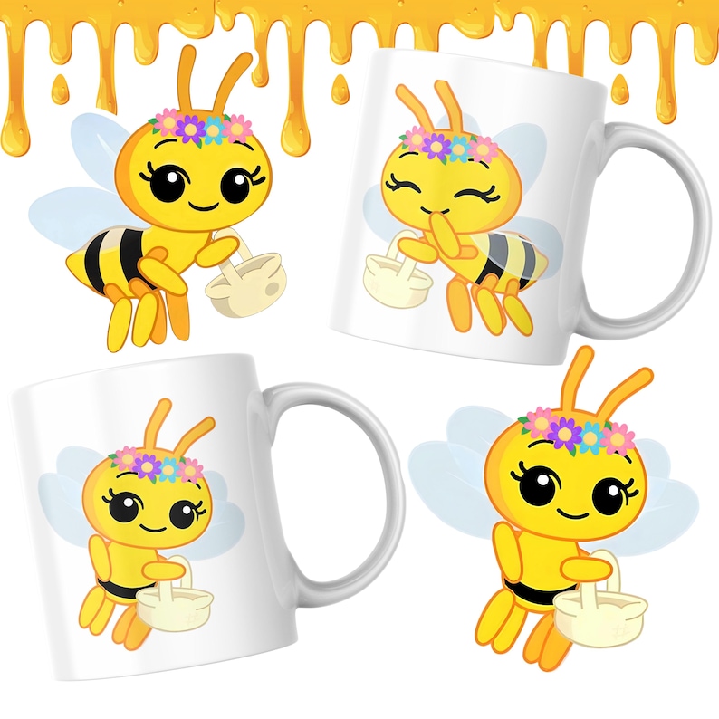 K&ouml;nnte beinhalten: Vier wei&szlig;e Keramikbecher und eine Cartoon-Bienen-Illustration. Die Biene ist gelb mit schwarzen Streifen, blauen Fl&uuml;geln und einem Blumenkranz. Die Biene h&auml;lt einen Korb. Honig tropft von der Oberseite des Bildes.
