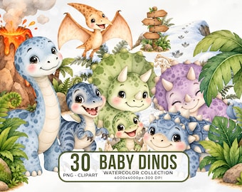 Watercolor Baby Dinosaur Clipart, Nursery Dino PNG Elements (Digital Download)