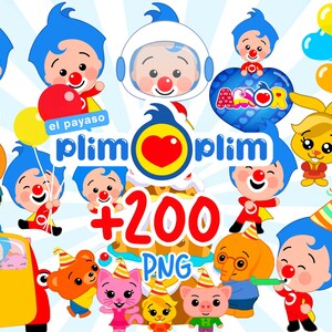 May include: A vibrant digital illustration featuring multiple cartoon characters, including a clown with blue hair and a red nose, and various animal characters. The image includes the text "+200 PNG" and "plim plim".