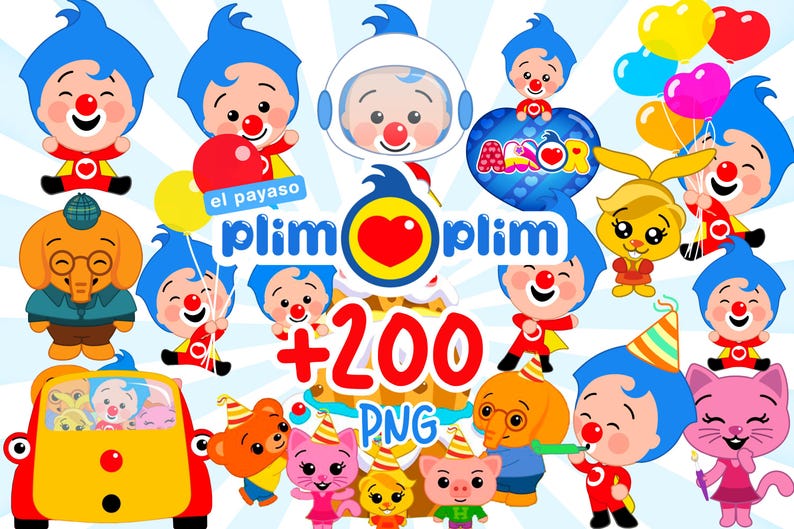 May include: A vibrant digital illustration featuring multiple cartoon characters, including a clown with blue hair and a red nose, and various animal characters. The image includes the text "+200 PNG" and "plim plim".