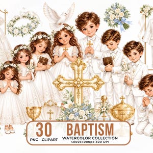 Puede incluir: Una colección digital de 30 ilustraciones en acuarela con temática de bautizo que incluye niños con ropa formal blanca, una cruz dorada, una paloma, arreglos florales, una pila bautismal, una vela y ropa con el texto 30 BAPTISM WATERCOLOR COLLECTION.