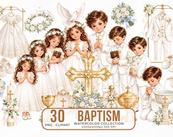 Watercolor Baptism Clipart Bundle, Christening PNG, Catholic Religious Graphics (Digital Download)