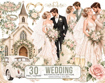 Watercolor Wedding Clipart Bundle, Romantic Elements, Bride, Venue (Digital Download)