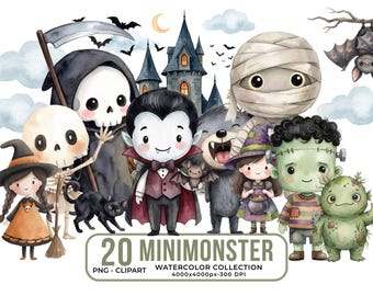 Watercolor Halloween Monster Clipart Bundle, Spooky Characters (Digital Download)
