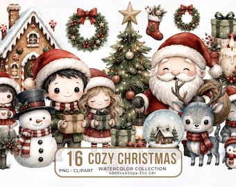 Cozy Christmas Watercolor Clipart Set, Santa, Winter Animals, Holiday Gifts (Digital Download)