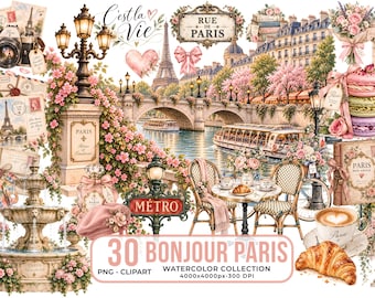 Paris Watercolor Clipart Bundle, Eiffel Tower, French Romance (Digital Download)