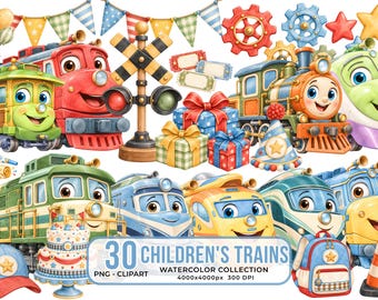 Watercolor Train Clipart Bundle, 30 Children's Trains, Birthday Party PNGs (Digital Download)