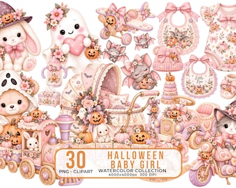 Halloween Baby Girl Watercolor Clipart Bundle, Spooky Nursery Graphics (30 PNGs)