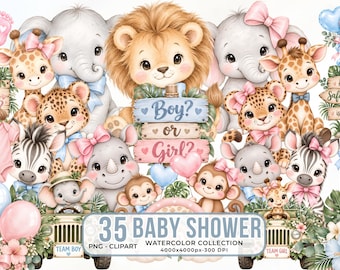 Safari Baby Shower Watercolor Clipart Bundle, Jungle Animals (Digital Download)