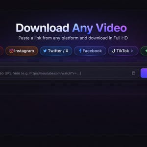 Könnte beinhalten: Dunkelviolette und schwarze Benutzeroberfläche für einen Video-Downloader. Der Text "Download Any Video" ist prominent dargestellt. Schaltflächen für YouTube, Instagram, Twitter, Facebook und TikTok sowie ein Feld zum Einfügen einer Video-URL und eine "Fetch Info"-Schaltfläche.