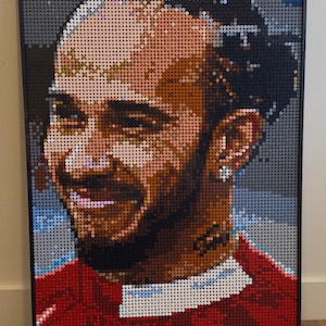 May include: A framed portrait of a smiling person, created with small, colorful blocks. The portrait features a red shirt and a dark background. The artwork is a mosaic style, with the image constructed from numerous individual pieces.