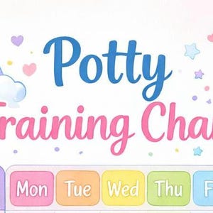 Könnte beinhalten: Eine farbenfrohe Töpfchentrainings-Tabelle mit den Worten "Potty Training Chart" in Blau und Rosa. Die Tabelle zeigt einen Regenbogen, Wolken, einen lächelnden Mond und einen Wochenplan.
