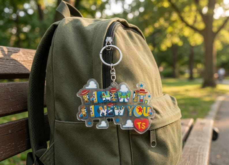 May include: A clear acrylic keyring featuring the text I KNEW IT, I KNEW YOU in blue, yellow, and white block letters. The design includes small red cowboy hats, white clouds, a yellow star, and a red heart with the letters TS inside.