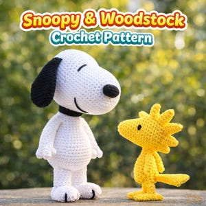 May include: Crocheted Snoopy and Woodstock figures. Snoopy is white with black ears and a black nose, wearing a black collar. Woodstock is yellow. The image includes the text "Snoopy & Woodstock Crochet Pattern".