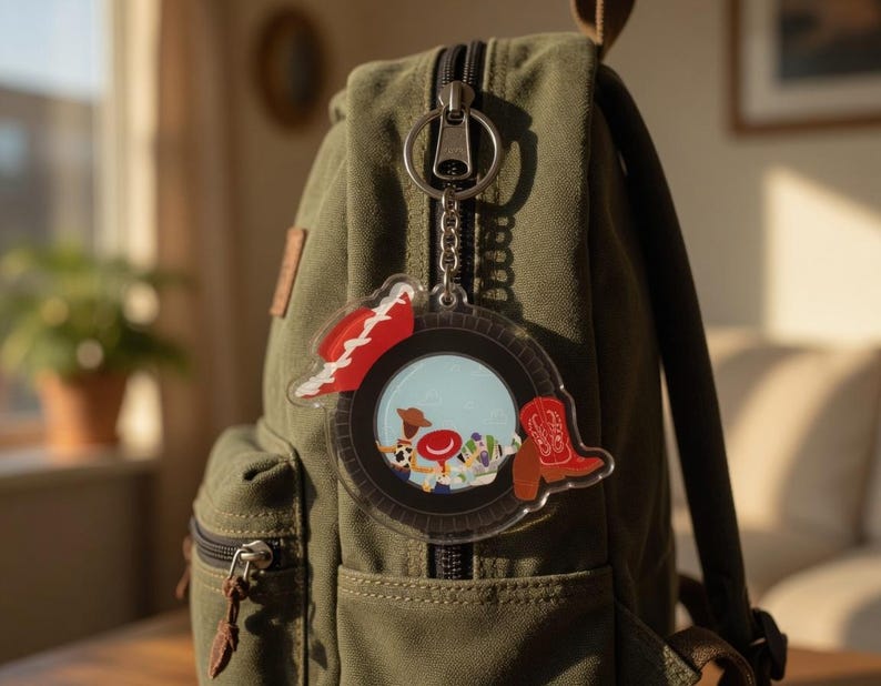 May include: A clear acrylic keychain featuring a circular design with a black tire border, a red cowboy hat, and a red cowboy boot. The center displays a cartoon illustration of characters including a cowboy and a space ranger on a light blue background.
