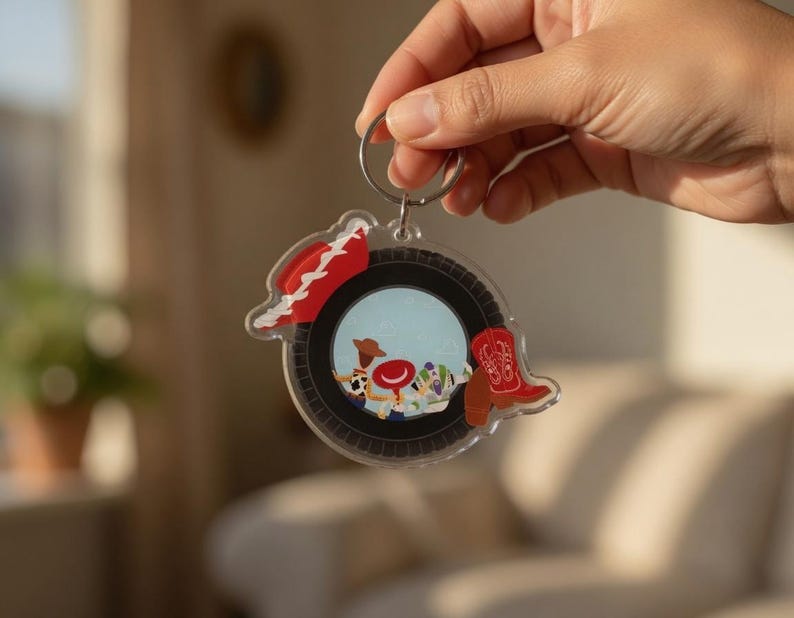 May include: A circular acrylic keychain featuring a black tire-shaped border. The center displays a colorful illustration of cartoon characters, a red cowboy hat, and a red cowboy boot. The keychain is attached to a silver metal split ring.