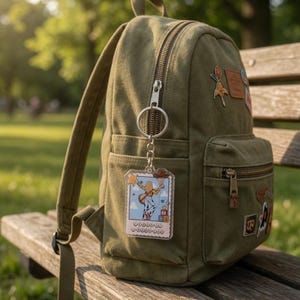May include: An olive green canvas backpack featuring a silver metal zipper and a rectangular acrylic keychain attached to the side. The keychain displays a cartoon illustration of a person with blonde hair holding a hat against a blue sky background.