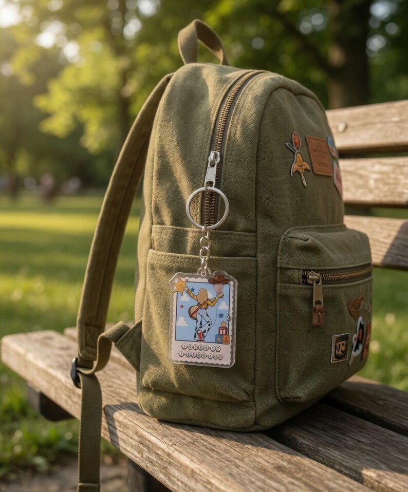 May include: An olive green canvas backpack featuring a silver metal zipper and a rectangular acrylic keychain attached to the side. The keychain displays a cartoon illustration of a person with blonde hair holding a hat against a blue sky background.