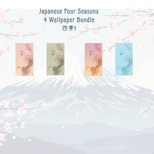 以下が含まれることがあります： 日本の四季をテーマにした4つの壁紙のデジタルアートバンドル。各壁紙は、山、桜、抽象的な花の要素など、ユニークなカラーパレットとデザインを特徴としています。テキストは「Japanese Four Seasons 4 Wallpaper Bundle」と書かれています。